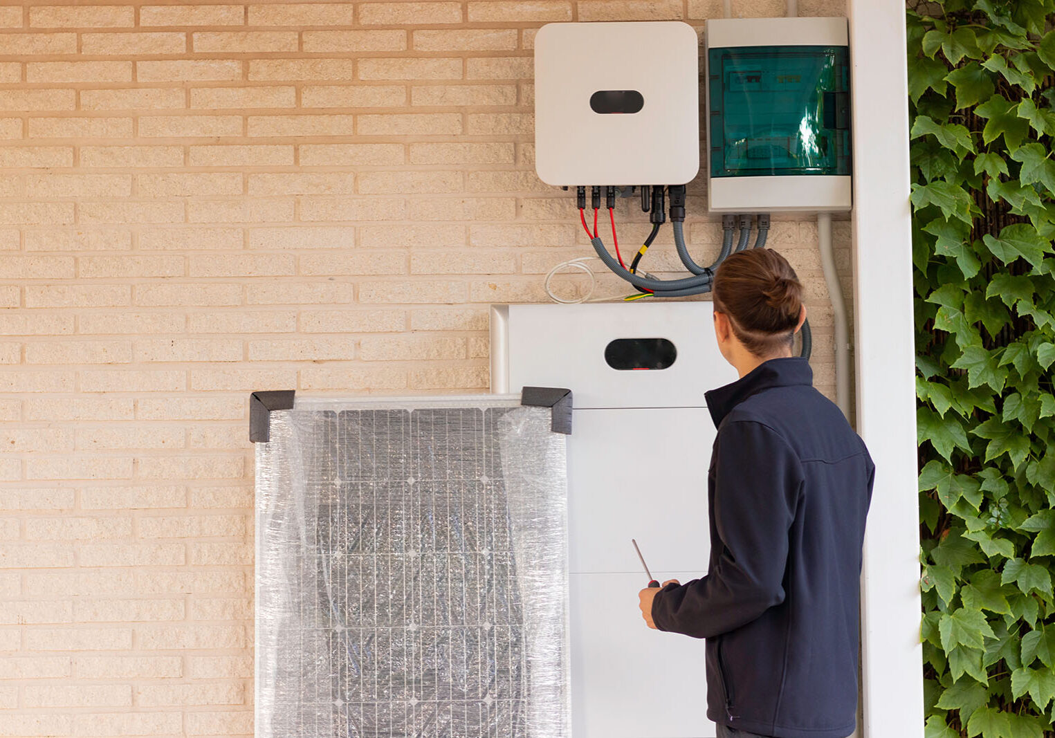 Back view of unrecognizable young man technician installing a solar system for renewable energy