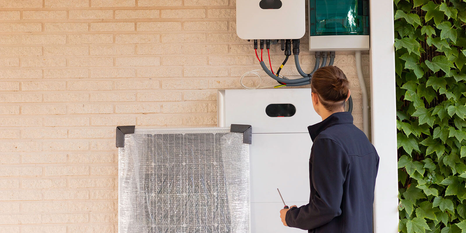 Back view of unrecognizable young man technician installing a solar system for renewable energy